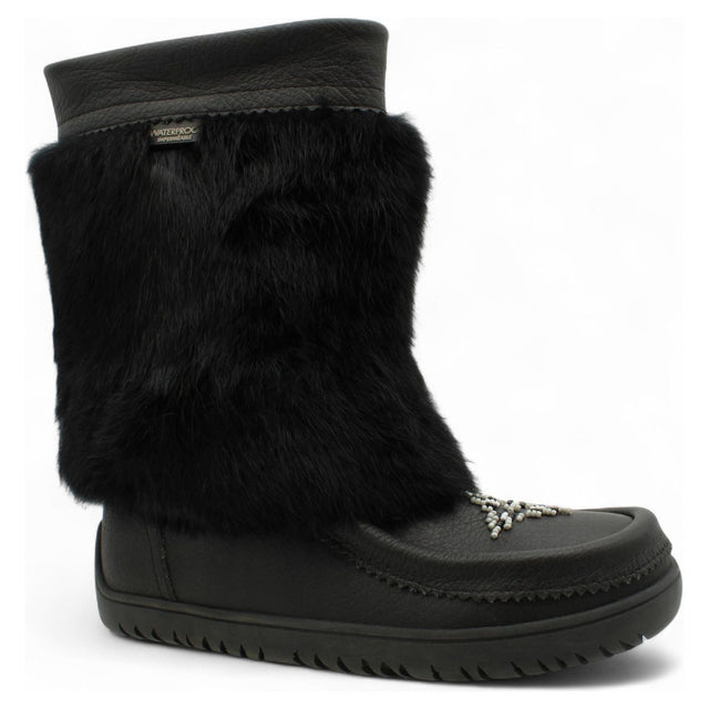 Black Arctic Mukluk 13 women's winter boot with genuine black rabbit fur, waterproof leather, hand beadwork on vamp. Style AMUK-13.