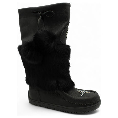 Black Arctic Mukluk 16 women's winter boot with genuine rabbit fur, leather tie top, and hand beadwork detail on the vamp. AMUK-16.