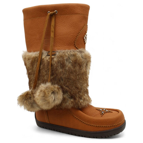 Tan Arctic Mukluk 16 women's winter boot with genuine fur trim, fur pom-poms on leather laces, and beaded vamp detail. AMUK-16.