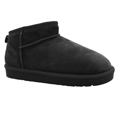 Black suede Arctic Mukluk 04 women's ankle-height slip-on shoe with exposed stitch seam and thick black rubber outsole. ARCTIC-04.