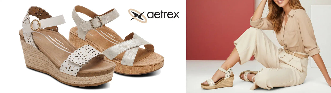 Wedges with 'Aetrex' branding on a red background, and a woman sitting wearing the same shoes.