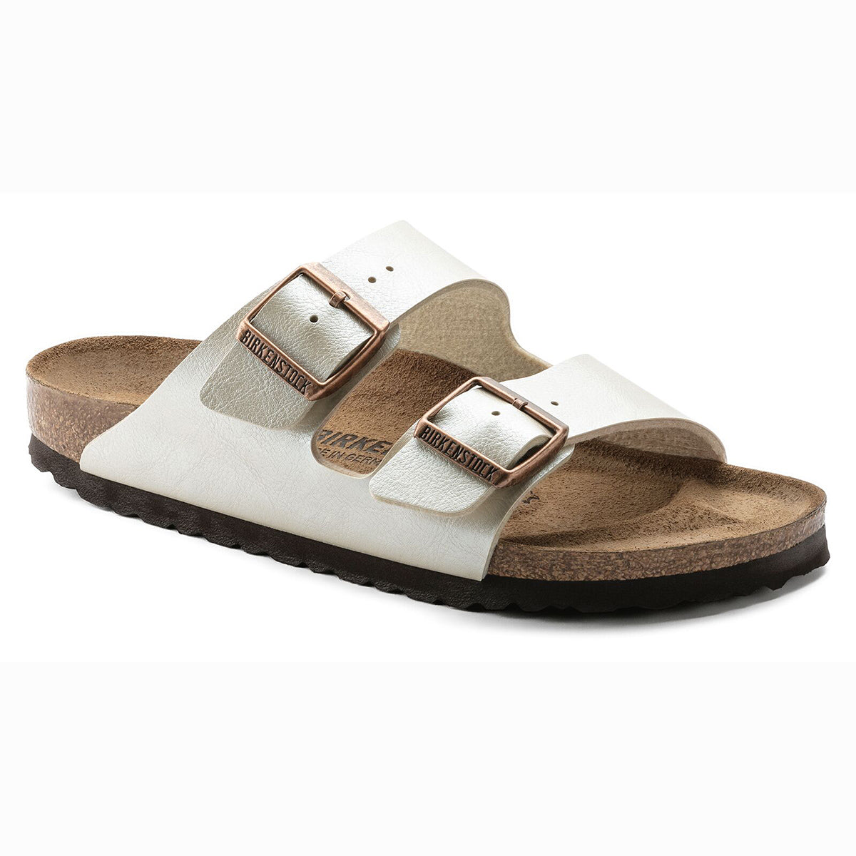 Birkenstock Arizona Birko-Flor in Graceful Pearl White Two Strap adjustable Slide for Women. style 1009920