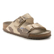 Birkenstock Arizona Soft Footbed sandal in a gray and taupe desert camo print with two adjustable straps. 1022860