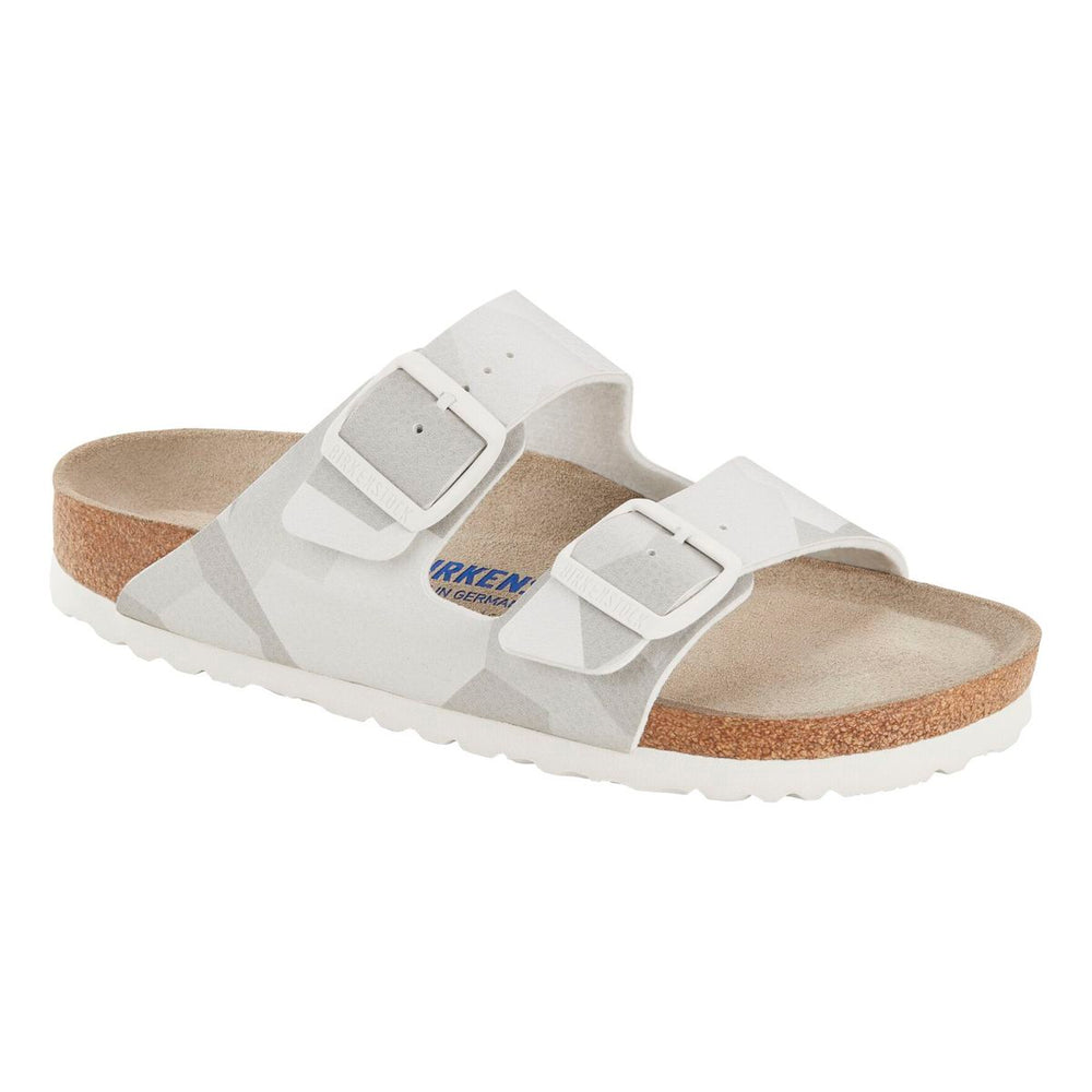 Birkenstock Arizona Soft Footbed sandal in a beige and brown desert camo print with two adjustable straps. 1024871