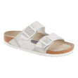 Birkenstock Arizona Soft Footbed sandal in a beige and brown desert camo print with two adjustable straps. 1024871