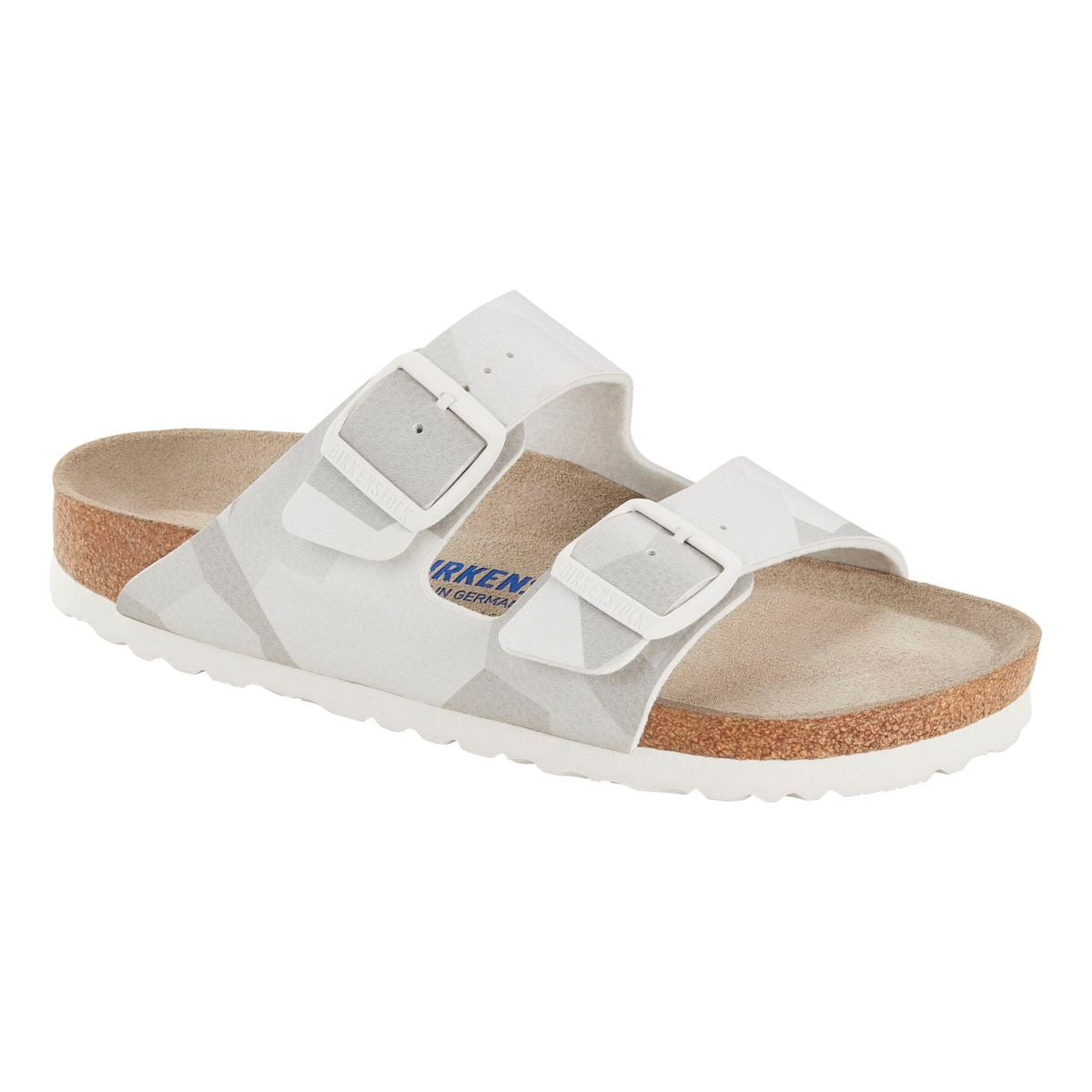 Birkenstock Arizona Soft Footbed sandal in a beige and brown desert camo print with two adjustable straps. 1024871