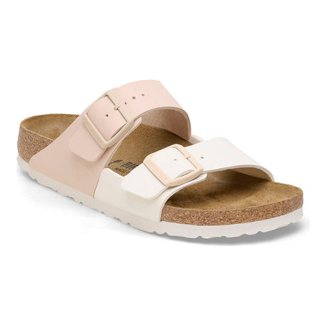 Birkenstock Arizona Womens two strap slide in two tone eggshell/new beige. style 1027058