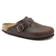 Dark brown Birkenstock Boston oiled leather clog with an adjustable strap and buckle, 860131.