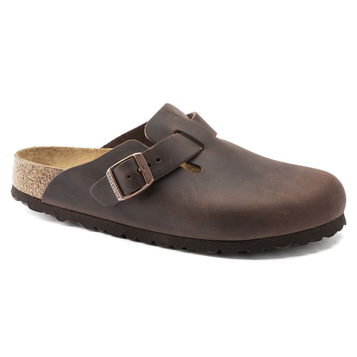 Dark brown Birkenstock Boston oiled leather clog with an adjustable strap and buckle, 860131.