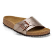 Birkenstock Catalina sandal (1026622) in a metallic taupe finish with a prominent buckle and cork sole.