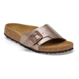 Birkenstock Catalina sandal (1026622) in a metallic taupe finish with a prominent buckle and cork sole.