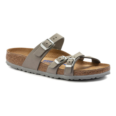 Side view of Birkenstock Franca slide sandal for women in Dove Gray oiled leather with EVA outsole.