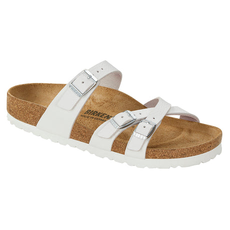A white Birkenstock Franca Leather sandal with two adjustable straps and metal pin buckles.