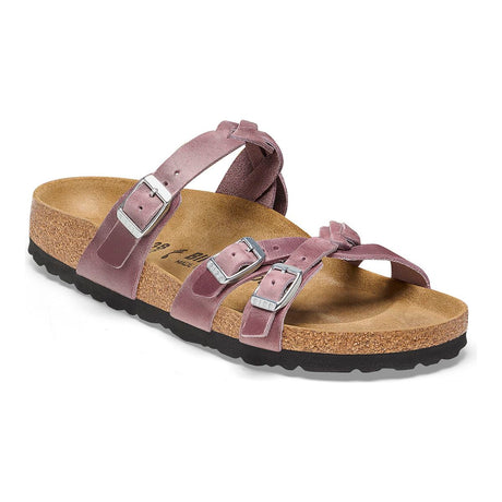 Birkenstock Franca Braided Oiled Leather slide in Lavender for Women. Contoured footbed for all day support. Shop Walking On a Cloud Canada. 