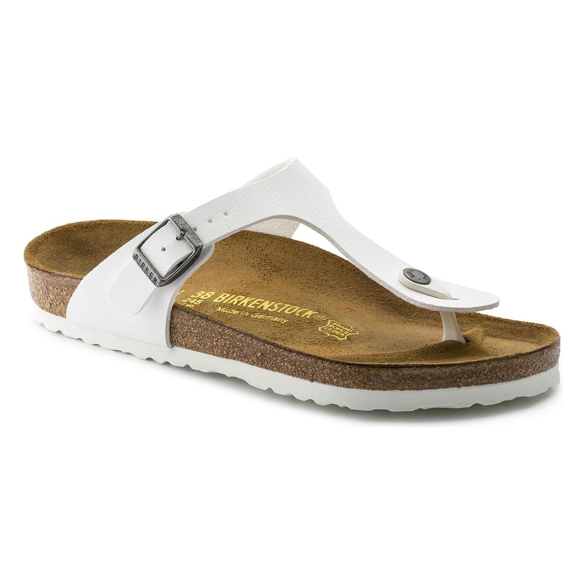 A white Birkenstock Gizeh Birko-Flor sandal with a contoured cork-latex footbed and a Birko-Flor upper material, showing the side profile with the brand name visible.