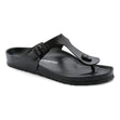 All-black thong sandal made of waterproof EVA material with an adjustable buckle strap. Style #128221