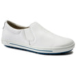 Unisex white leather slip-on work sneaker with elastic gussets and a blue slip-resistant sole. Style #1011241