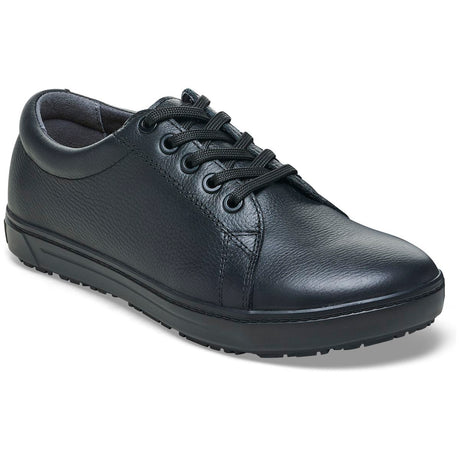 Unisex black leather lace-up work sneaker with a slip-resistant rubber sole and padded collar. Style #1021021
