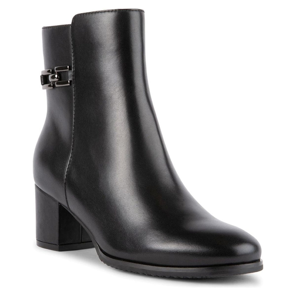 Blondo black leather waterproof ankle boot with block heel, side buckle hardware, and almond toe. Style #B7830.