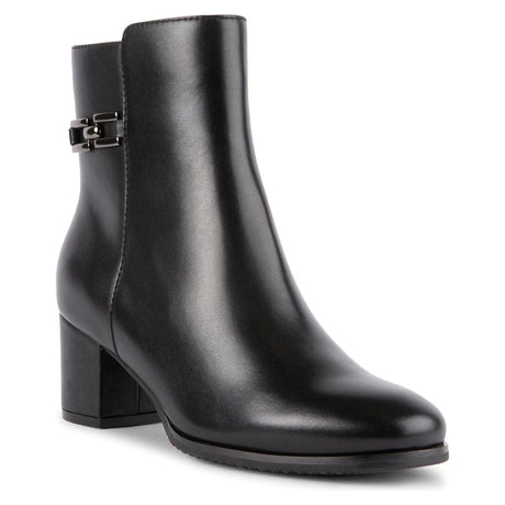 Blondo black leather waterproof ankle boot with block heel, side buckle hardware, and almond toe. Style #B7830.
