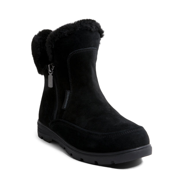 Blondo Kodis Women’s Waterproof Suede Boots in black featuring faux fur trim, dual side zippers, and a durable rubber outsole for cozy winter comfort. Available in Wide width. 
