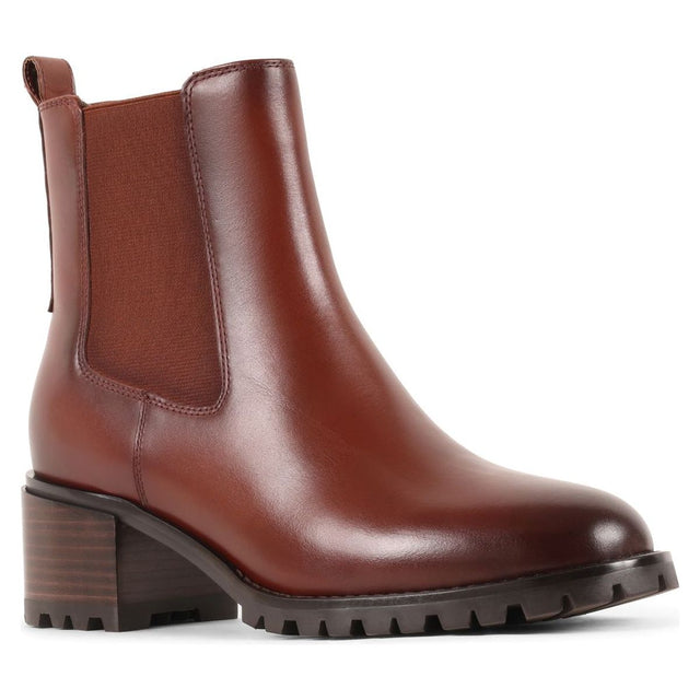 Blondo whiskey brown leather ankle boot with elastic side gore, stacked block heel, and lugged sole. Style #B8018-X
