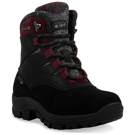 Black suede women’s winter boot with burgundy accents, grey knit collar, and rugged black sole. Style # B7403.