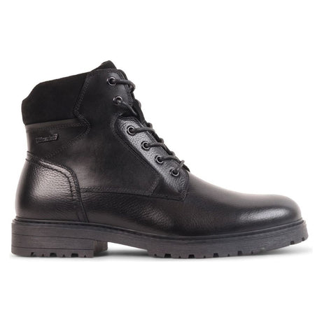 Black leather lace-up boot with padded ankle collar, Thinsulate tag, low block heel, and lug sole. Blondo Style #B1426