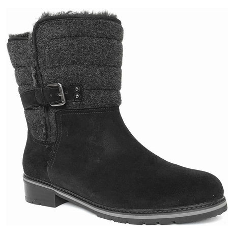 Black suede mid-calf boot with a quilted grey wool collar, decorative side buckle, and low heel. Style #B7013