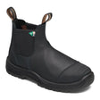 Close-up of a black leather Blundstone CSA-approved safety Chelsea boot with internal Met Guard, rubber toe bumper, and black lug sole. Style #165.