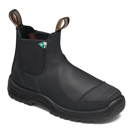 Close-up of a black leather Blundstone CSA-approved safety Chelsea boot with internal Met Guard, rubber toe bumper, and black lug sole. Style #165.