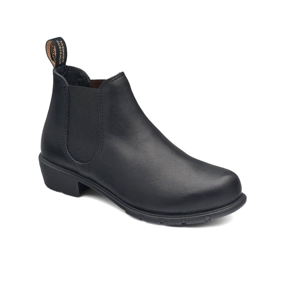 Blundstone 2068 Women’s Low Heel Boot in Black featuring smooth water-resistant leather, elastic side panels, a low 1¼-inch block heel, and removable cushioned footbeds with an extra set included. Style #2068