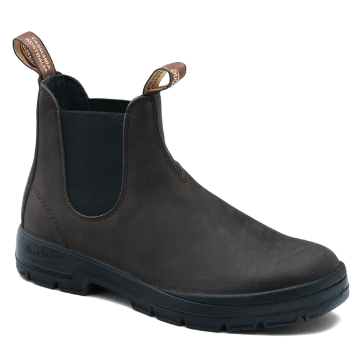 Blundstone dark brown leather unisex Chelsea boot with elastic side panels, dual pull tabs, and heavy-duty lug sole. Style #2634.