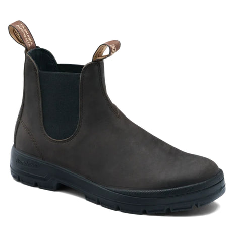 Blundstone dark brown leather unisex Chelsea boot with elastic side panels, dual pull tabs, and heavy-duty lug sole. Style #2634.