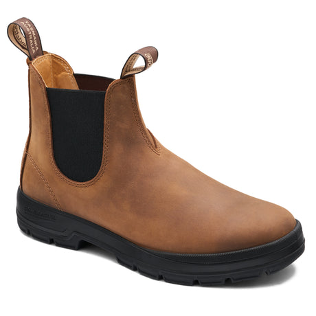 Blundstone tan leather unisex Chelsea boot with black elastic side panels, dual pull tabs, and black Vibram lug sole. Style #2636.