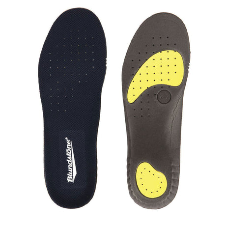 Top and bottom view of black Blundstone Comfort Classic Footbeds with yellow cushioning inserts. Style #FBEDPRE
