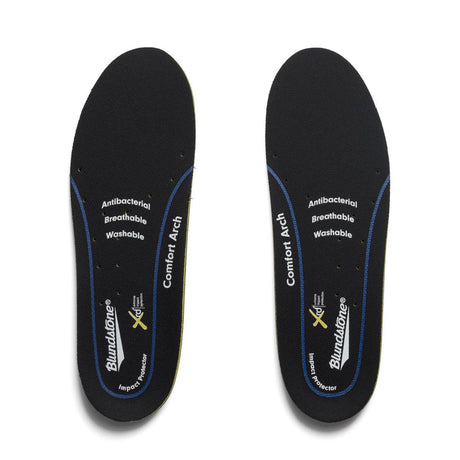Blundstone Comfort Arch Footbed black cushioned insoles with blue trim and heel impact protection. Style # FBEDCA