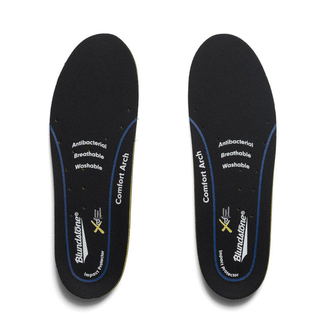 Blundstone Comfort Arch Footbed black cushioned insoles with blue trim and heel impact protection. Style # FBEDCA