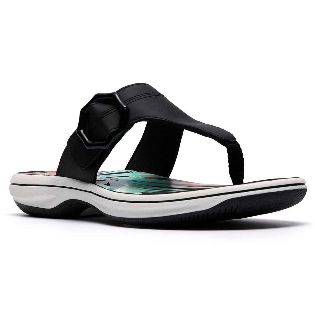 Black thong sandal with a decorative hexagonal buckle, patterned footbed, and a white sporty sole. Style #26186787
