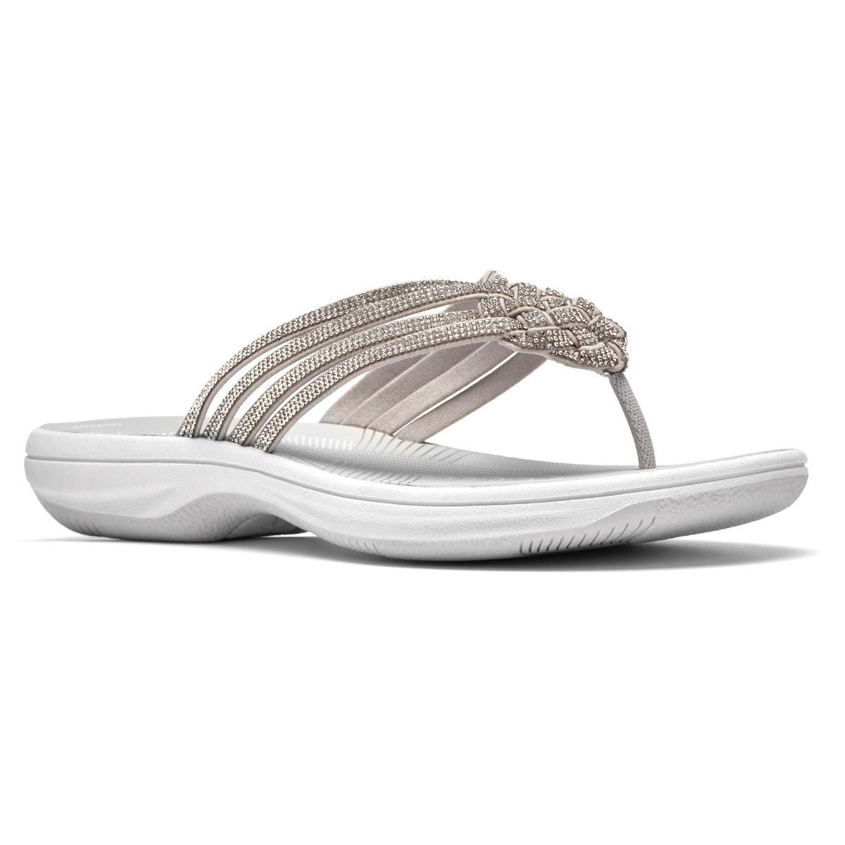 Women's silver thong sandal with rhinestone-embellished straps and a white cushioned sole. Style #26187563
