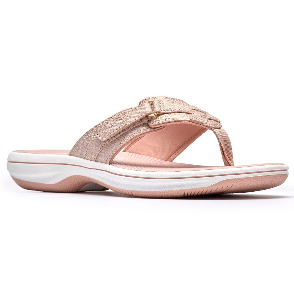 Dusty rose metallic women's thong sandal with an adjustable velcro strap and a cushioned white sole. Style #26186811
