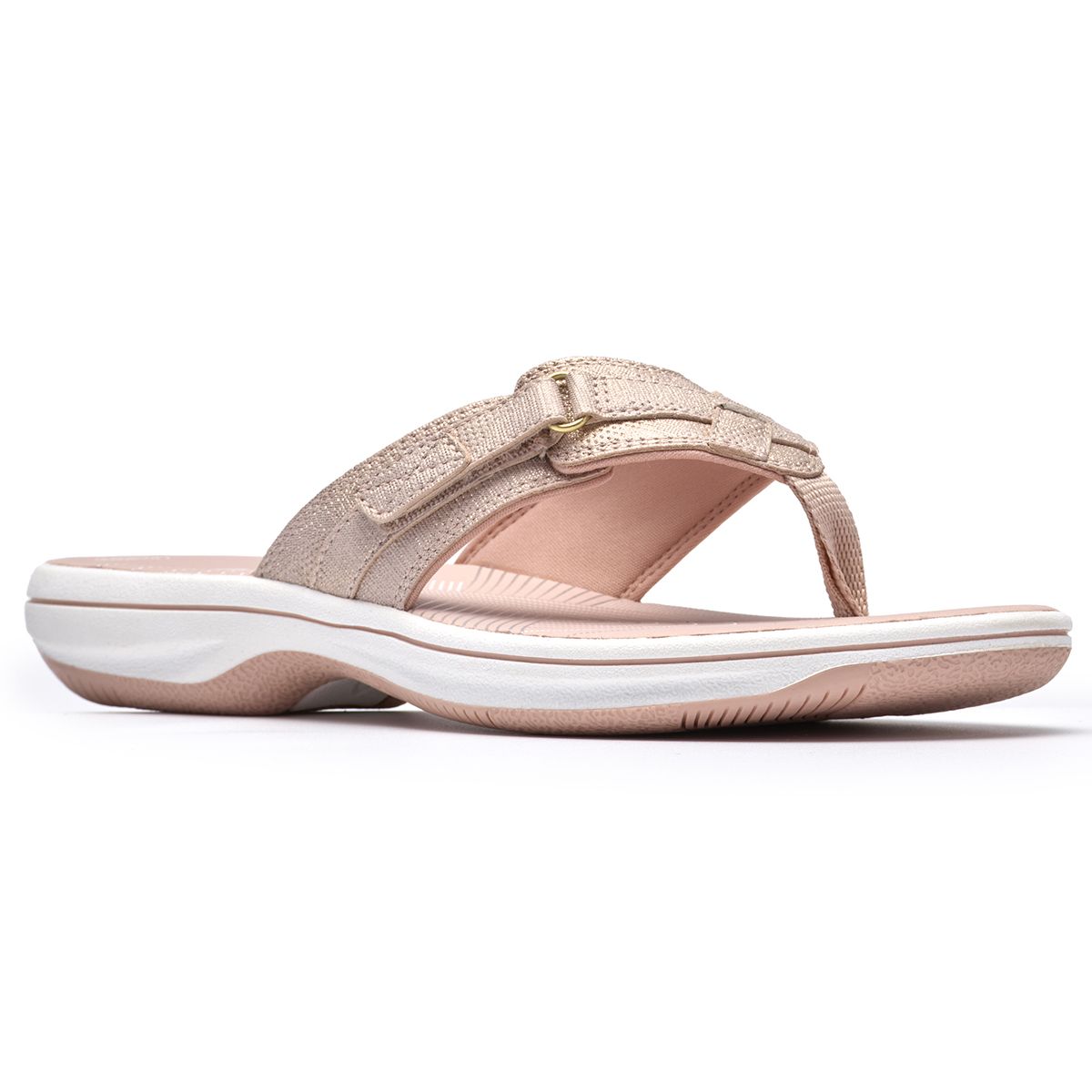 Dusty rose metallic women's thong sandal with an adjustable velcro strap and a cushioned white sole. Style #26186811