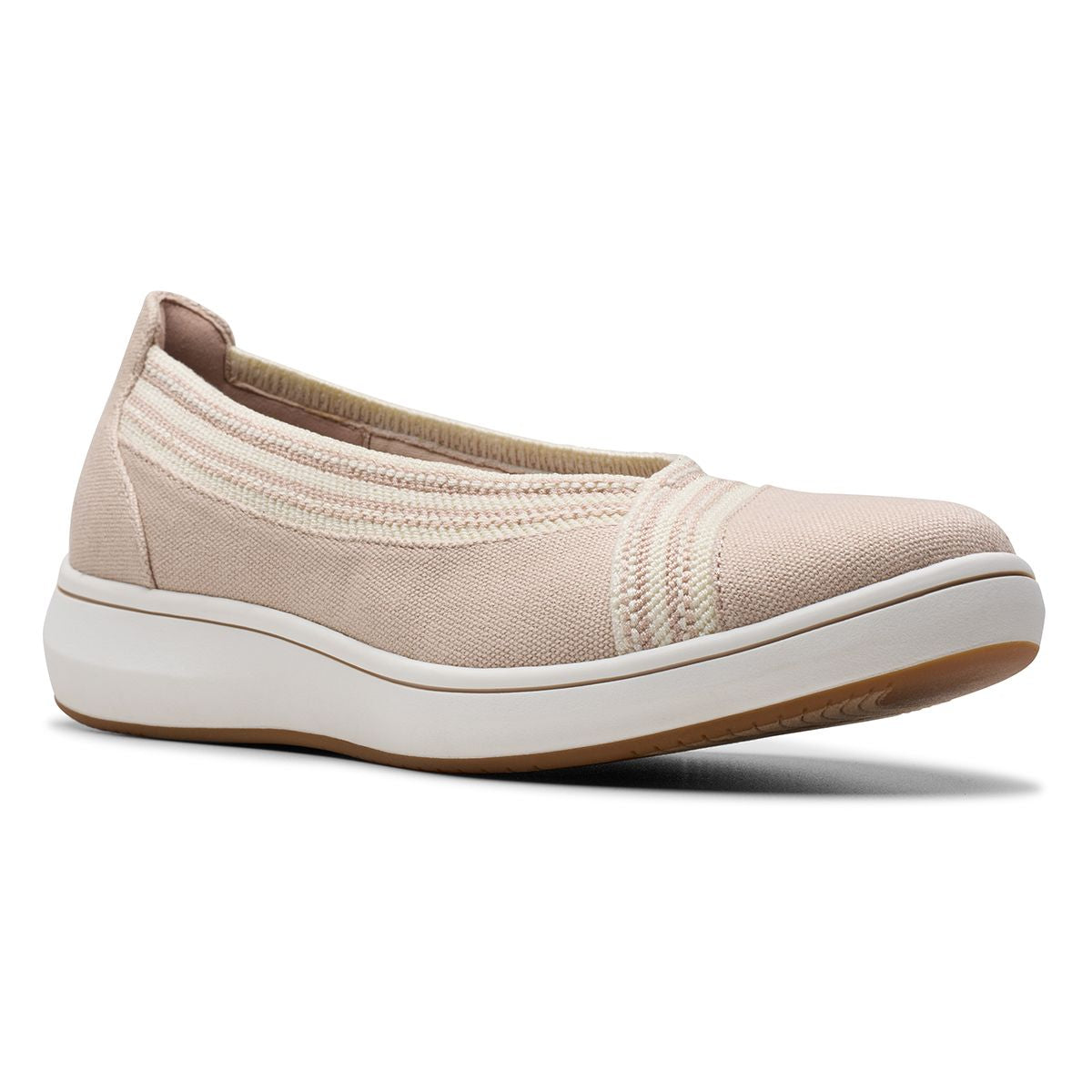 Sand beige textile slip-on shoe with a sporty side stripe, round toe, and flexible white sole. Style #26181591.