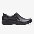 Clarks Carleigh Ray black leather slip-on shoe with side zipper, contrast stitching, and low wedge sole. 26175051