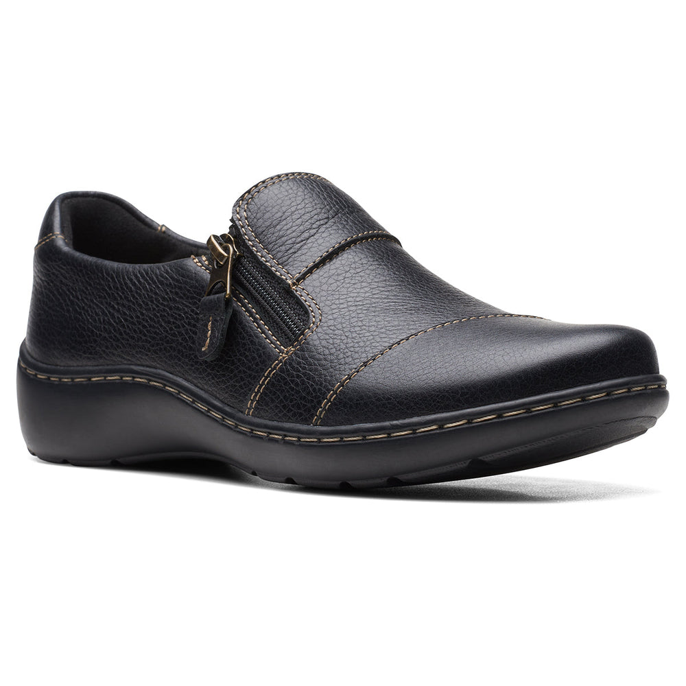 Clarks Cora Harbor Women's Loafer in Black, Leather flats zipper closure, thick stitching. Style #26168467