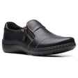 Clarks Cora Harbor Women's Loafer in Black, Leather flats zipper closure, thick stitching. Style #26168467