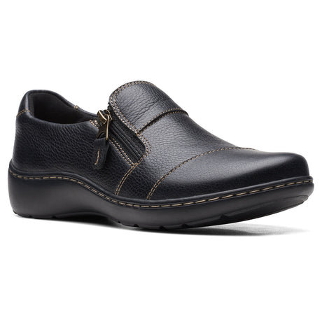 Clarks Cora Harbor Women's Loafer in Black, Leather flats zipper closure, thick stitching. Style #26168467
