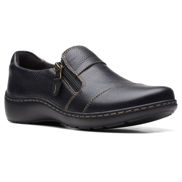 Clarks Cora Harbor Women's Loafer in Black, Leather flats zipper closure, thick stitching. Style #26168467