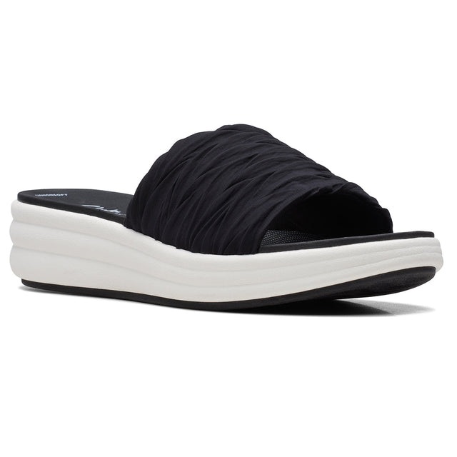 Clarks Women's Drift Petal Wedges in Black, Comfortable summer shoe, fabric strap sandals Style #26171408