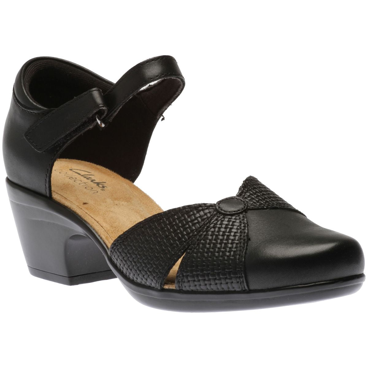 Women’s black leather pump with a block heel, woven texture detail, and an adjustable ankle strap. Style #26164678